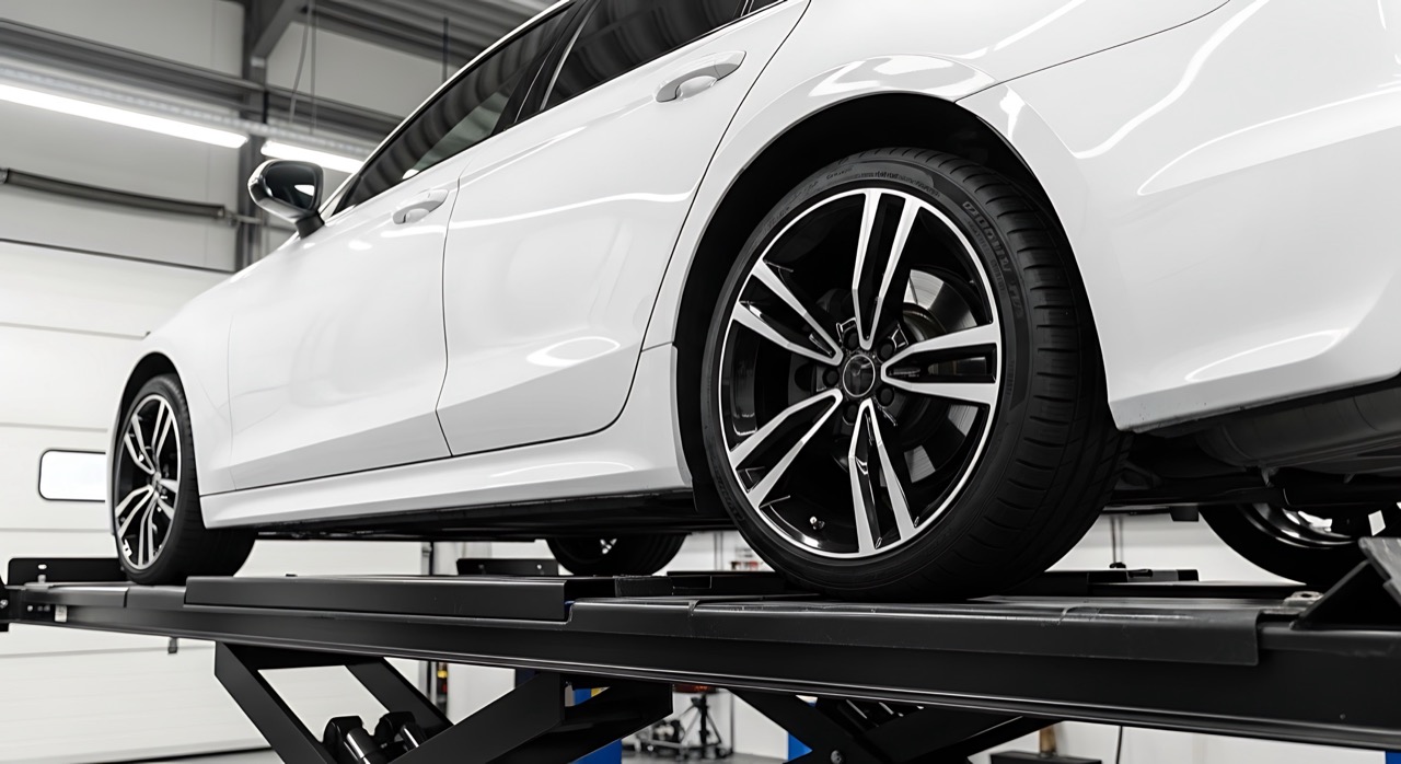 Vehicle on a service lift in AutoXen's workshop, now managed through Dynamics 365 Business Central