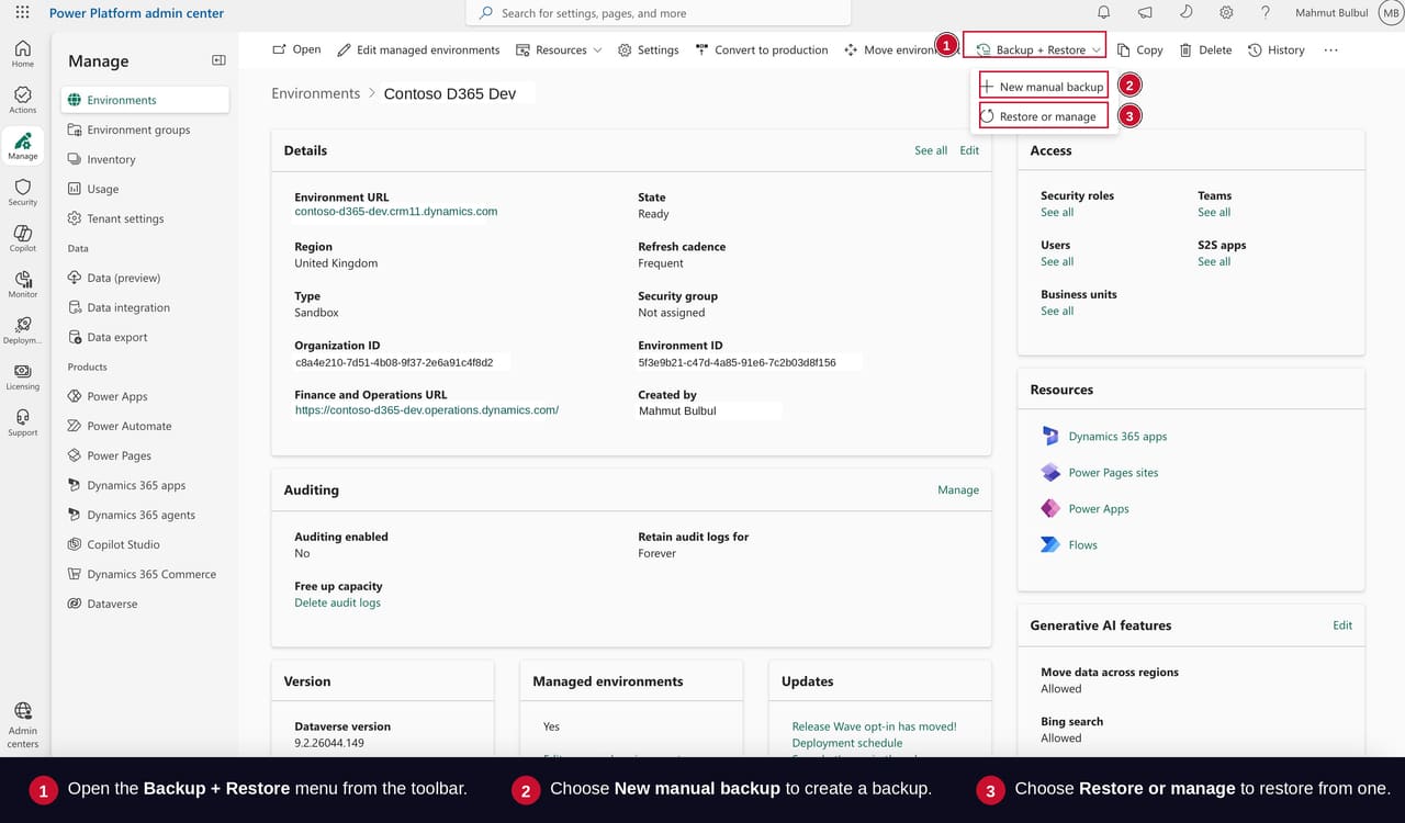 Power Platform Admin Center environment detail page with the Backup + Restore toolbar option expanded showing New manual backup and Restore or manage.