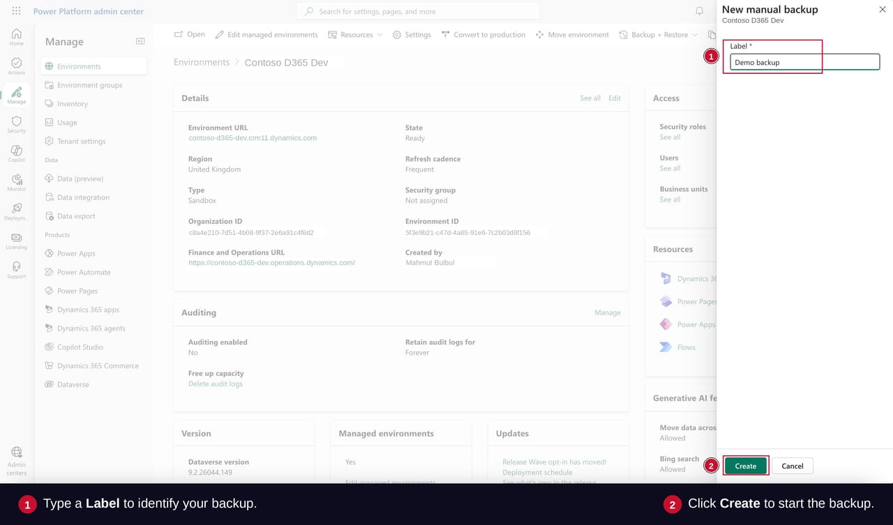 The New manual backup dialog in Power Platform Admin Center with a descriptive label entered and the Create button highlighted.