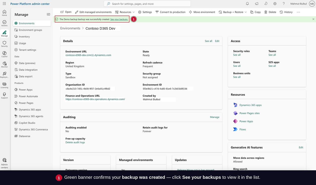 Green success banner in Power Platform Admin Center confirming the manual backup was created with a See your backups link.