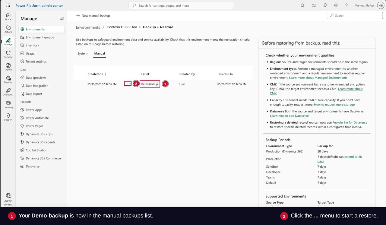 Manual backups list in Power Platform Admin Center showing the newly created Demo backup row with timestamp, label, creator, and expiry.