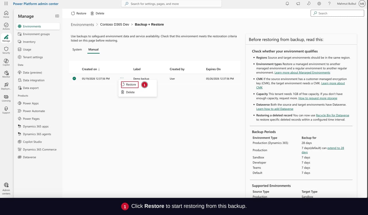 Context menu opened on a backup row in Power Platform Admin Center showing Restore and Delete options.