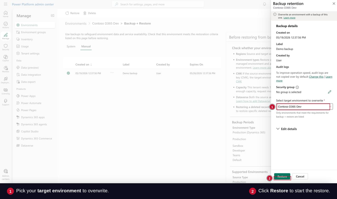 Backup retention dialog in Power Platform Admin Center with backup metadata visible at the top and the target environment dropdown selected near the bottom.