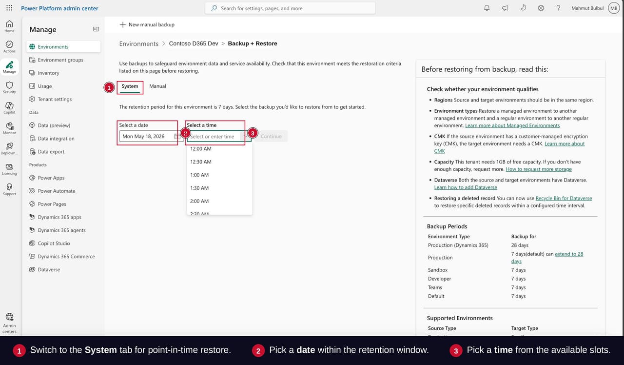 System tab on the Backup + Restore page in Power Platform Admin Center showing the date and time pickers for point-in-time restore.
