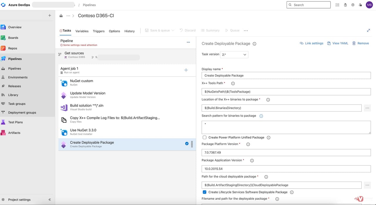 Create Deployable Package task with Platform and Application Version fields configured to match the target environment.