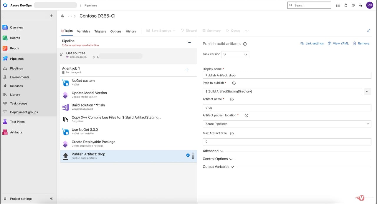 Publish build artifacts task configured to publish the deployable package and log files as the drop artefact.