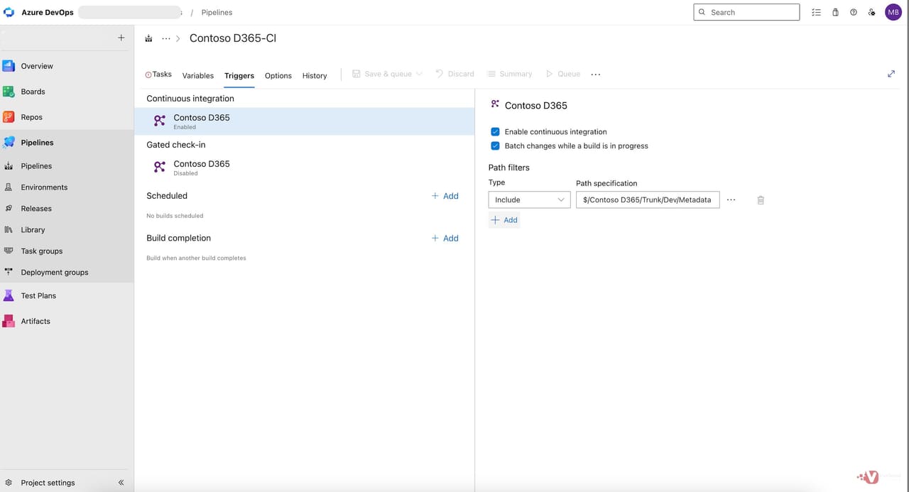 Triggers tab with continuous integration enabled, batch changes ticked, and a path filter scoped to the Metadata folder.