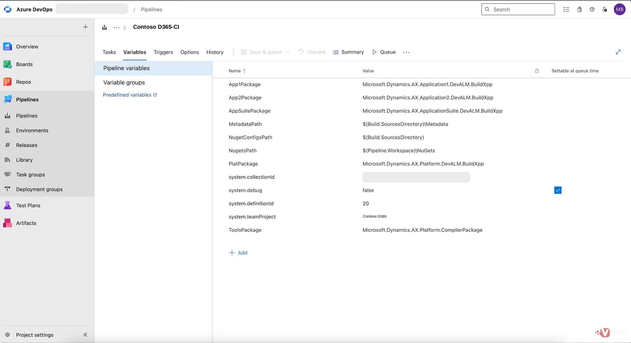 Variables tab showing F&O NuGet package folder names and metadata paths centralised for easy updates.