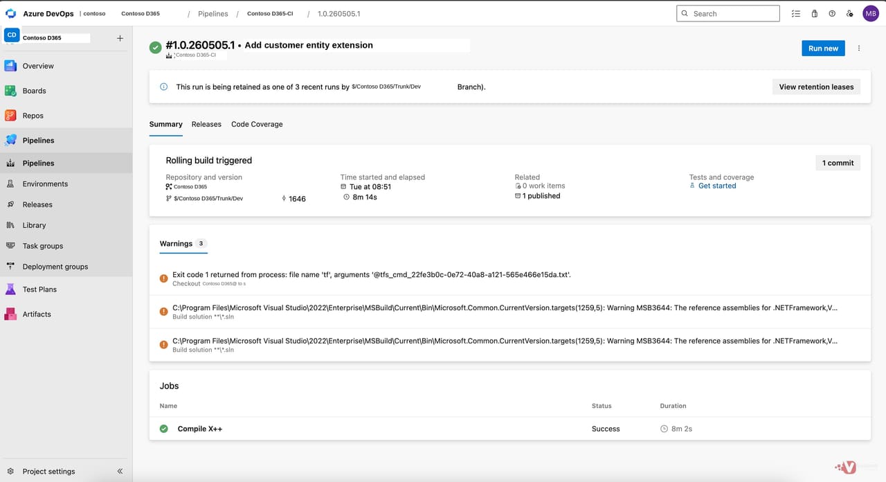 Run detail page showing build succeeded with all tasks completed and one published artefact attached.