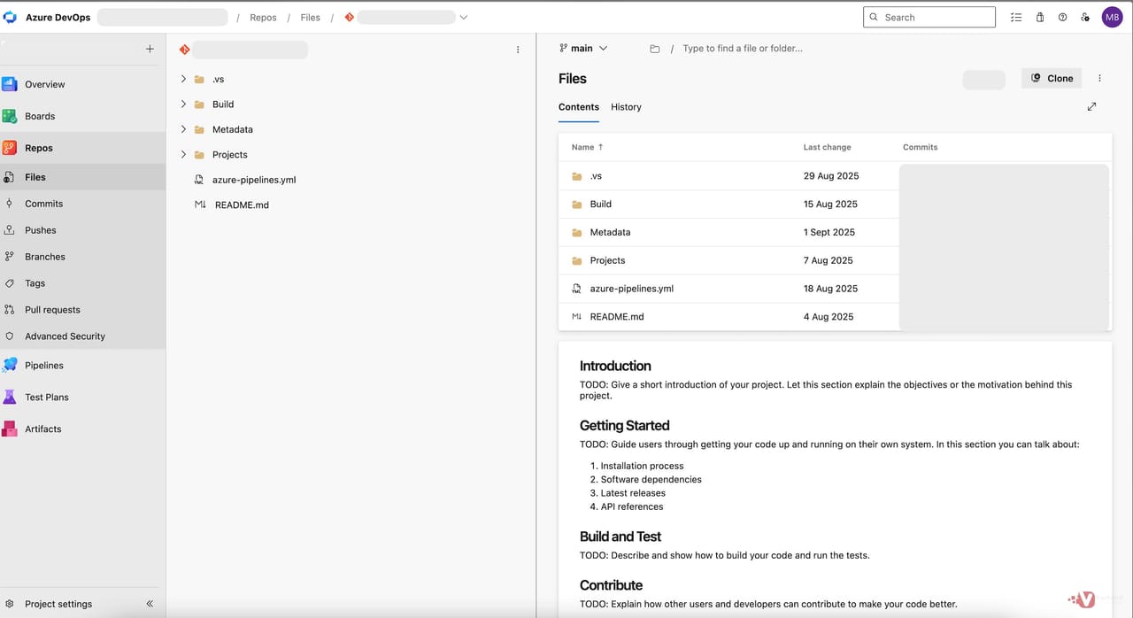 Git repository file view showing the standard F&O folder layout — identical contents to TFVC, different version-control model.