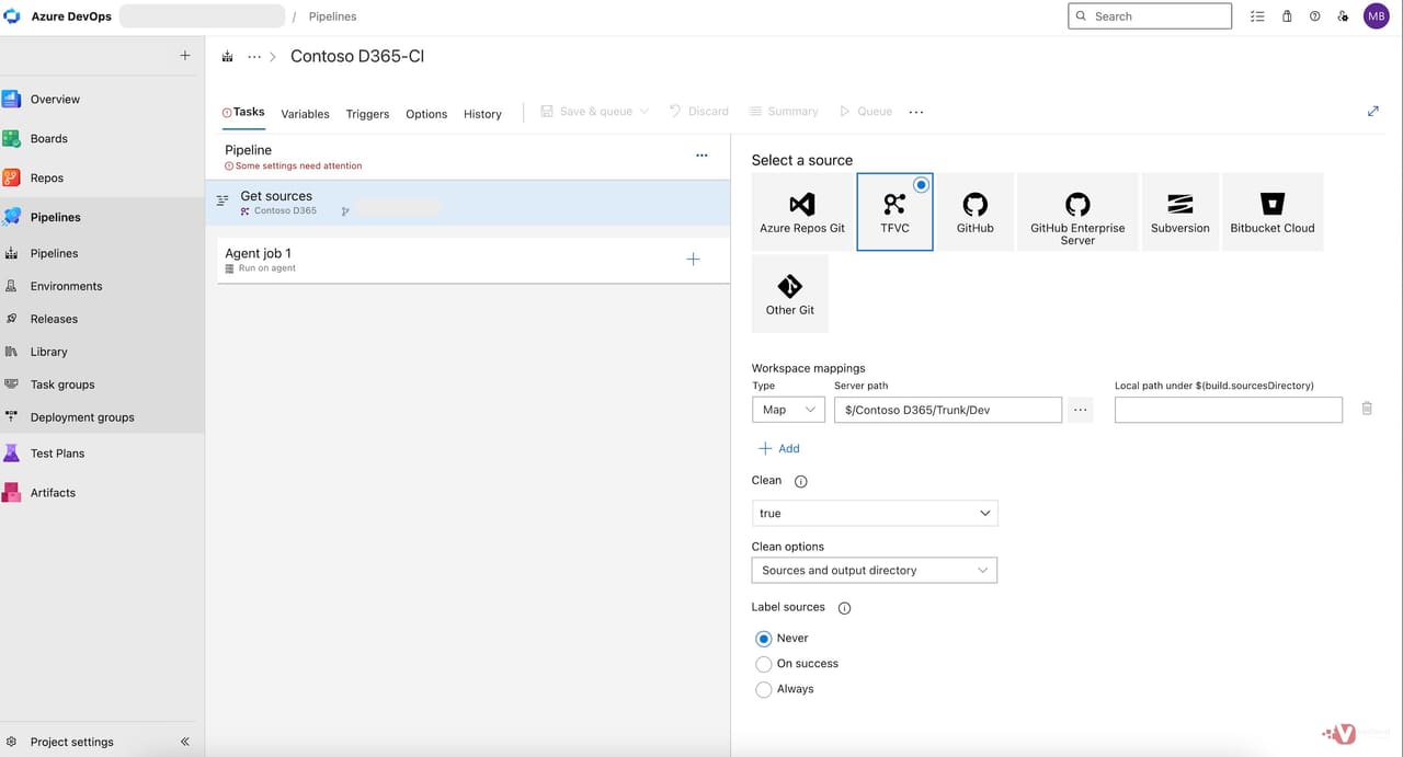 Get sources task configured with Clean enabled. Workspace mapping points at the Trunk/Dev folder for TFVC.