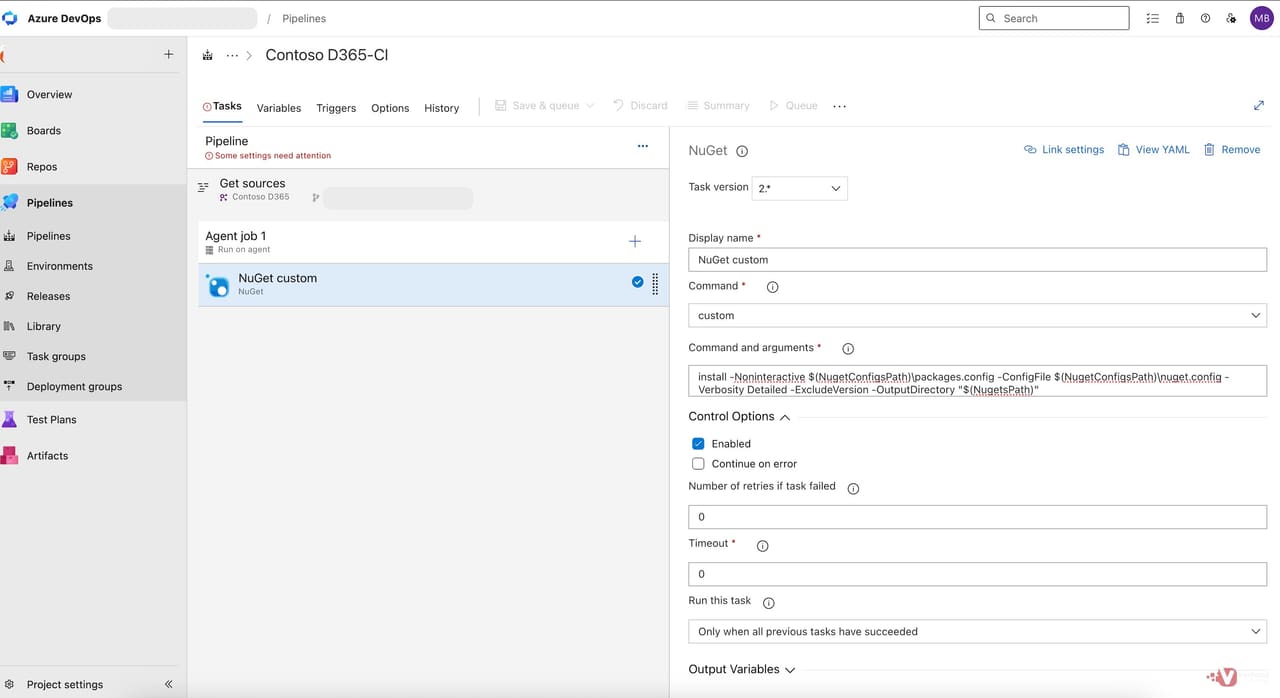 NuGet custom install task with the custom command and arguments configured for F&O platform package restoration.