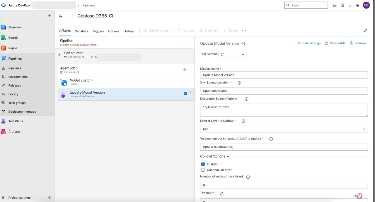 Update Model Version task configured with MetadataPath, Descriptor search pattern, and Build.BuildNumber for downstream traceability.
