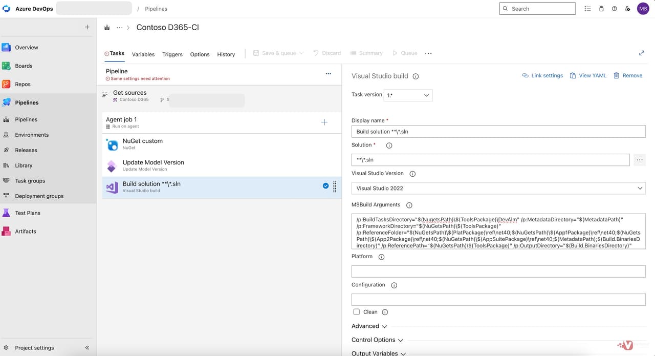 Visual Studio Build task configured with MSBuild arguments pointing to F&O metadata and NuGet package paths.