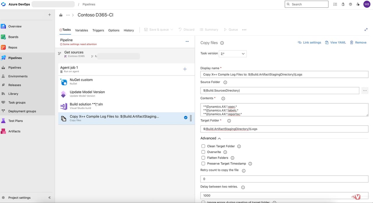 Copy Files task configured to capture xppc, labelc, and reportsc log files into the artefact staging directory.