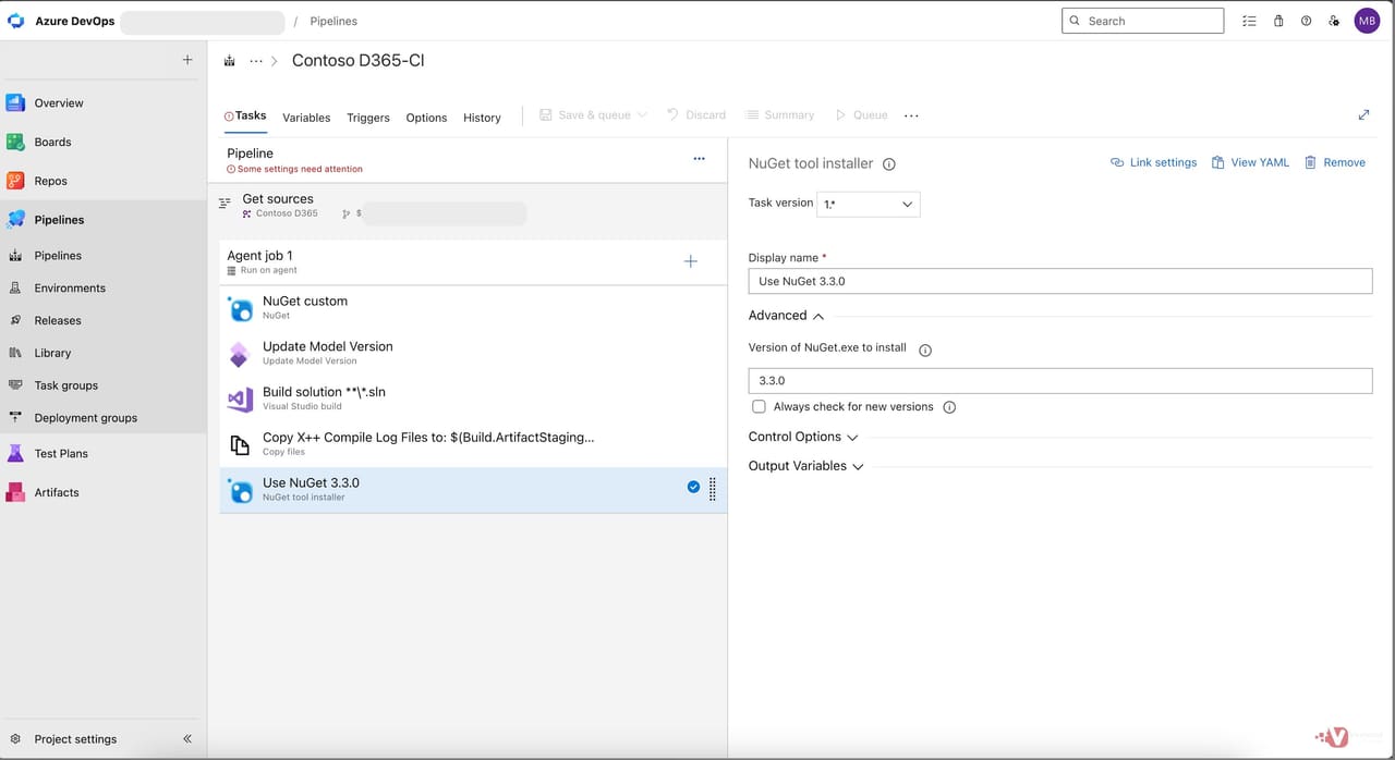 NuGet Tool Installer task set to version 3.3.0.