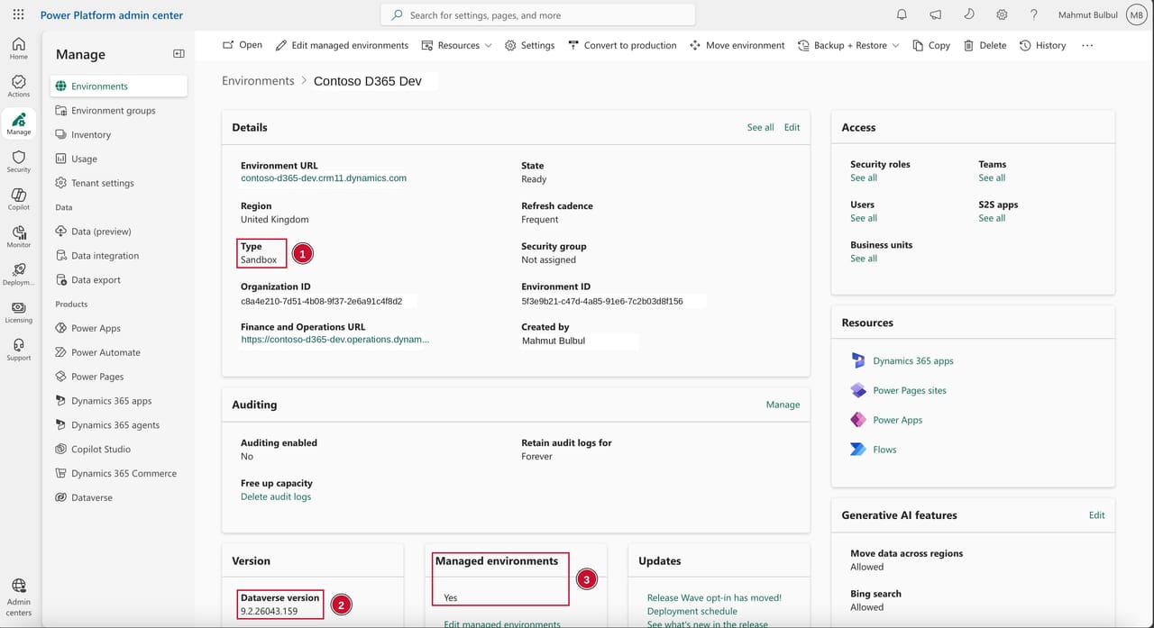 Target UDE detail page in Power Platform Admin Center showing Type set to Sandbox, the Dataverse version, and Managed environments set to Yes.