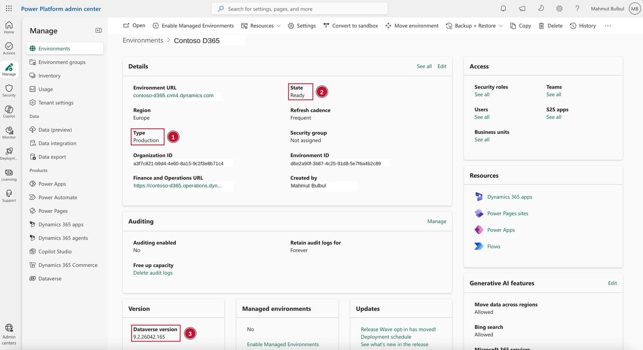 Source Production environment detail page in Power Platform Admin Center showing Type as Production, State as Ready, and the Dataverse version.