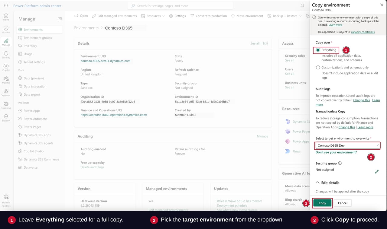 Copy environment dialog in Power Platform Admin Center with Everything selected under Copy over and Contoso D365 Dev chosen as the target environment.