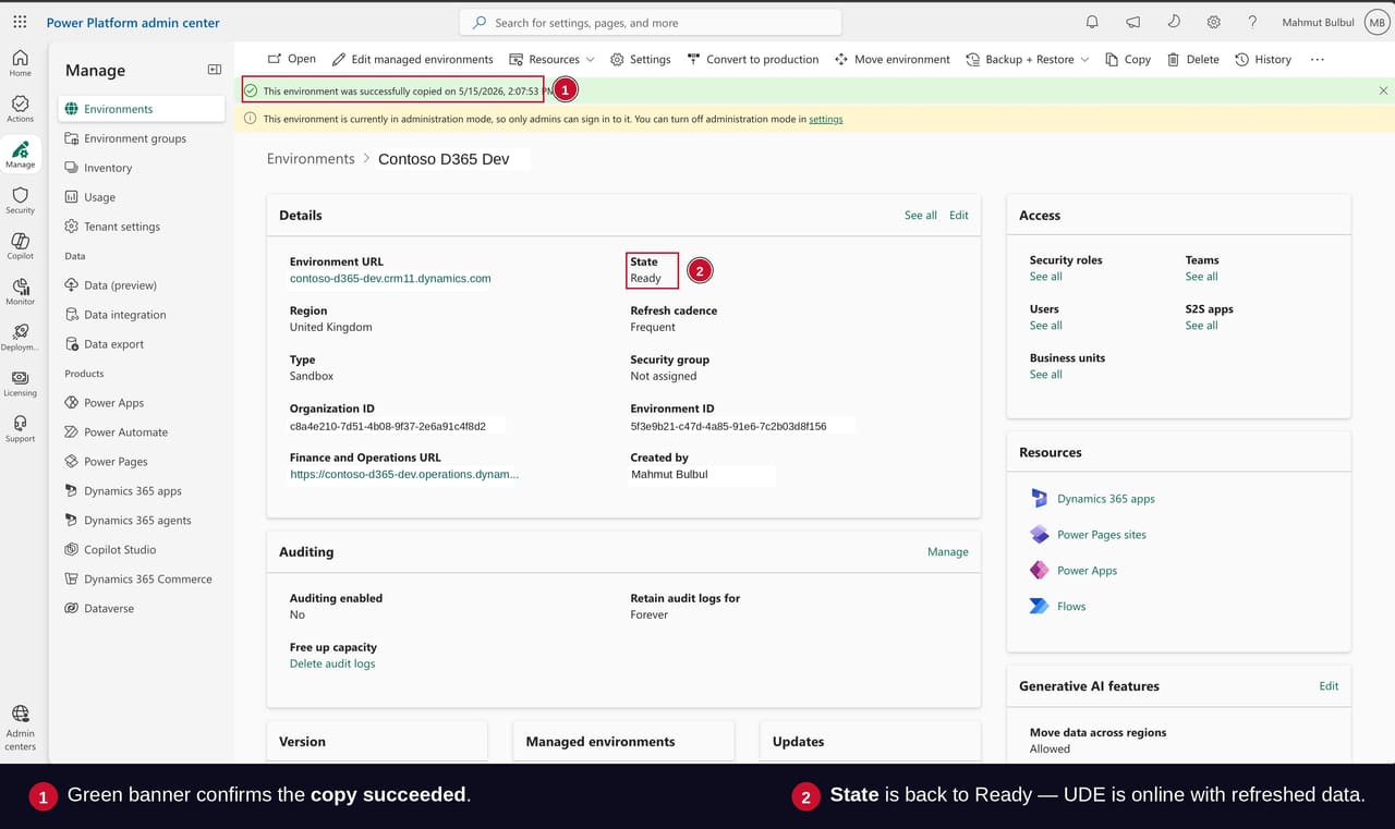 Copy completed in Power Platform Admin Center with a green success banner, State set to Ready, and an administration mode reminder visible on the environment page.