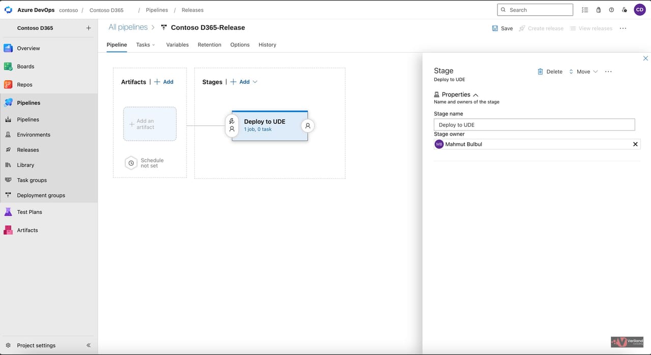 Azure DevOps release pipeline editor with the first stage renamed to Deploy to UDE in the right-hand properties panel.