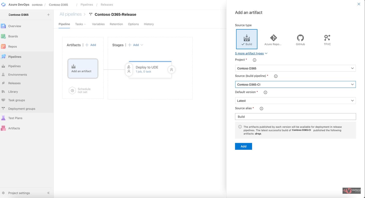 Azure DevOps Add an artifact pane with Build source type selected and the Part 1 build pipeline chosen as the source.
