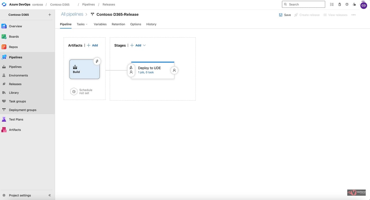 Release pipeline canvas showing the build artifact connected to the Deploy to UDE stage with a solid line.