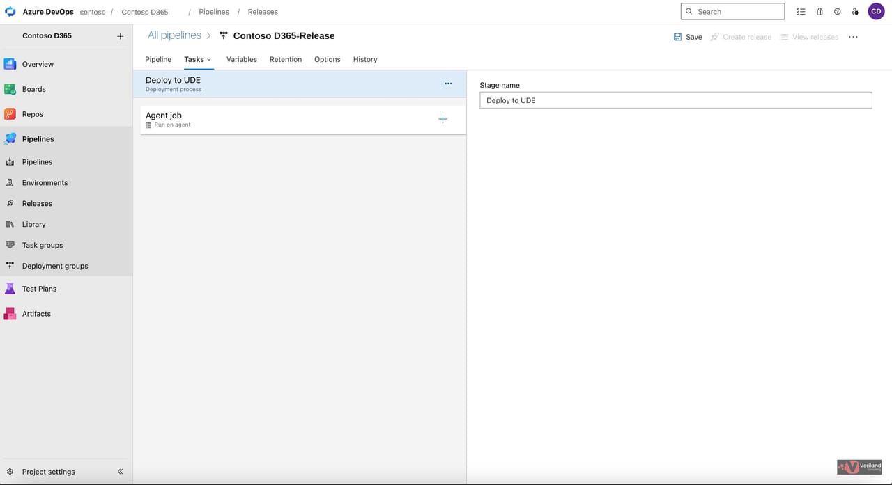 Empty tasks view inside the Deploy to UDE stage with a single Agent job and no tasks attached.