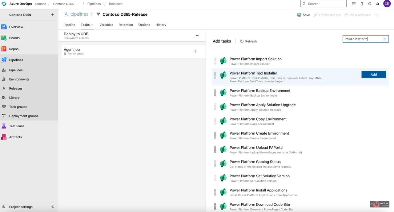 Add tasks panel in Azure DevOps showing Power Platform Build Tools tasks filtered by the Power Platform search term.