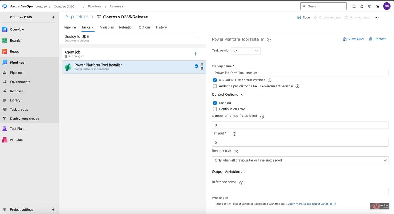 Power Platform Tool Installer task added as the first item under the Agent job in the release pipeline.