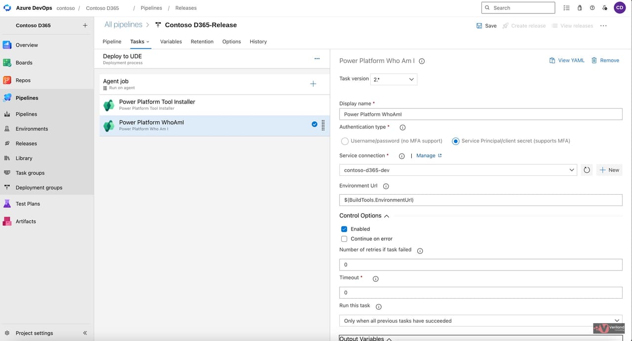 Power Platform WhoAmI task configured with Service Principal/client secret authentication and the Power Platform service connection selected.