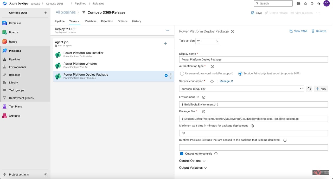 Power Platform Deploy Package task fully configured with Service Principal authentication, the Package File path, and a 60 minute maximum wait time.