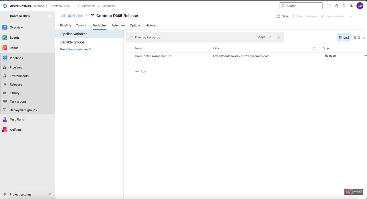 Variables tab in the Azure DevOps release pipeline editor showing the BuildTools.EnvironmentUrl variable defined at Release scope.