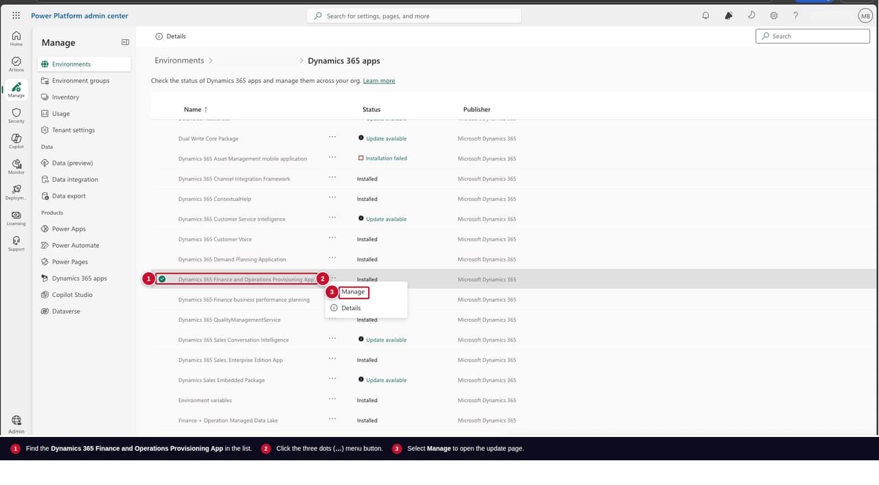 Dynamics 365 apps page with the Finance and Operations Provisioning App row highlighted, the three-dot menu open, and Manage selected.