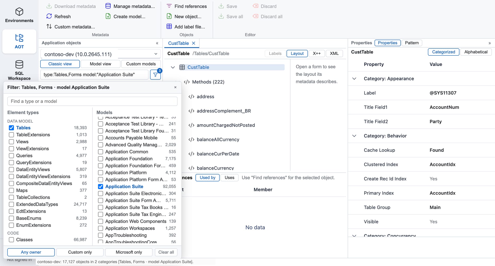 FinOps Workbench AOT browser with the filter panel open, narrowing the tree to Tables and Forms in the Application Suite model (Contoso demo data).