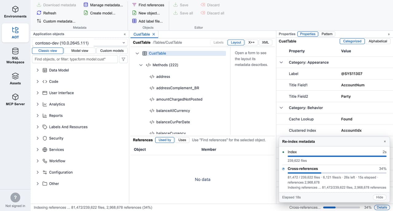 FinOps Workbench indexing metadata, with a detailed progress panel showing the index and cross-reference steps, files per second and time remaining (Contoso demo data).