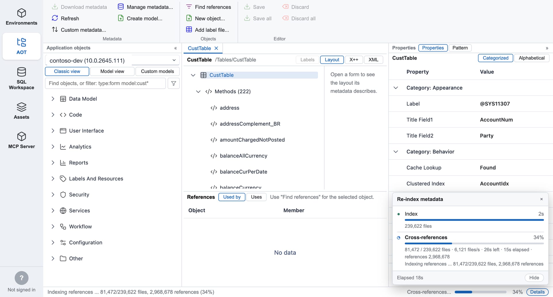 FinOps Workbench indexing metadata, with a detailed progress panel showing index and cross-reference steps, files per second and time remaining (Contoso demo data).