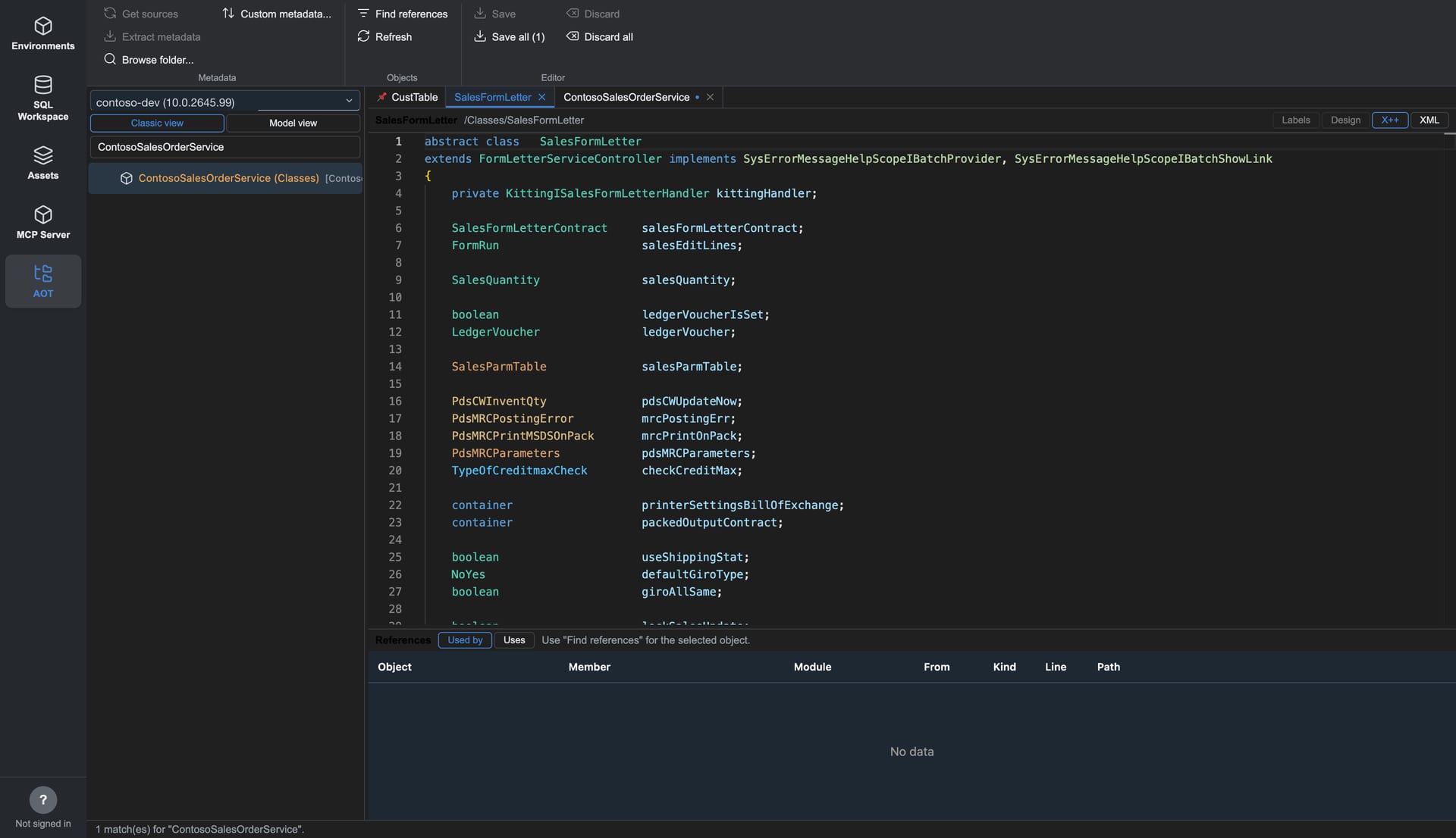 FinOps Workbench X++ editor with per-kind syntax colouring in dark theme (Contoso demo data).