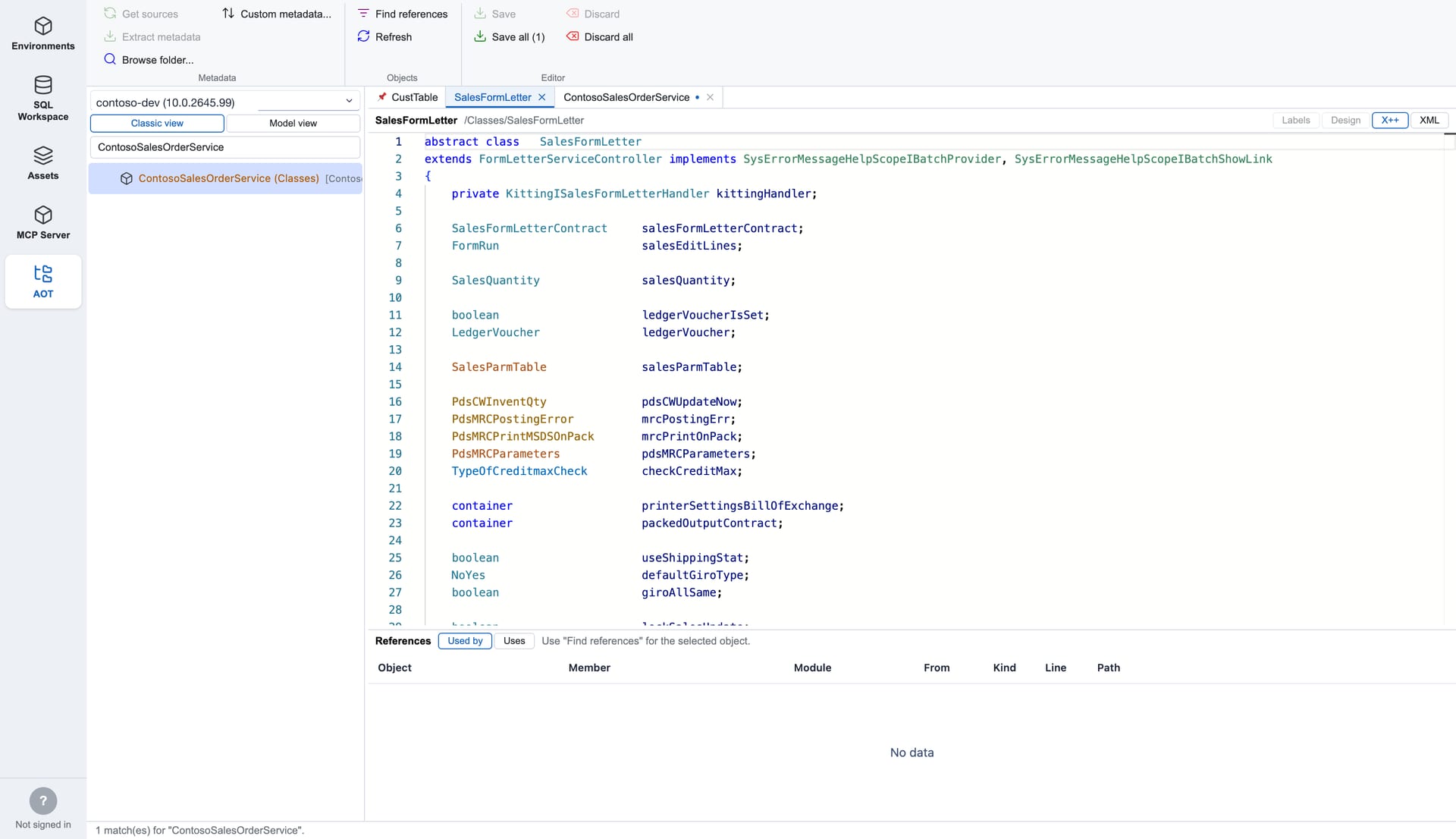 FinOps Workbench X++ editor showing a class with per-kind syntax colouring (Contoso demo data).