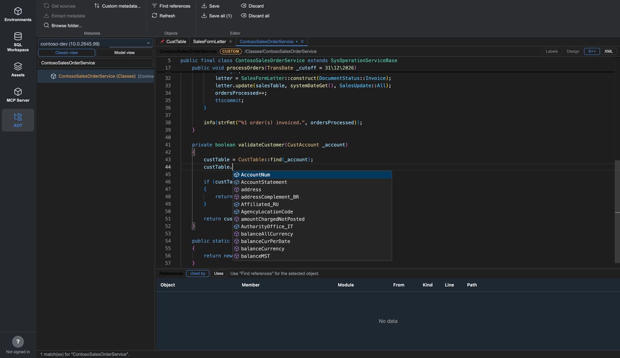 The FinOps Workbench X++ editor with kind-aware colouring and an IntelliSense completion popup listing CustTable fields and methods, in dark theme (Contoso demo data).