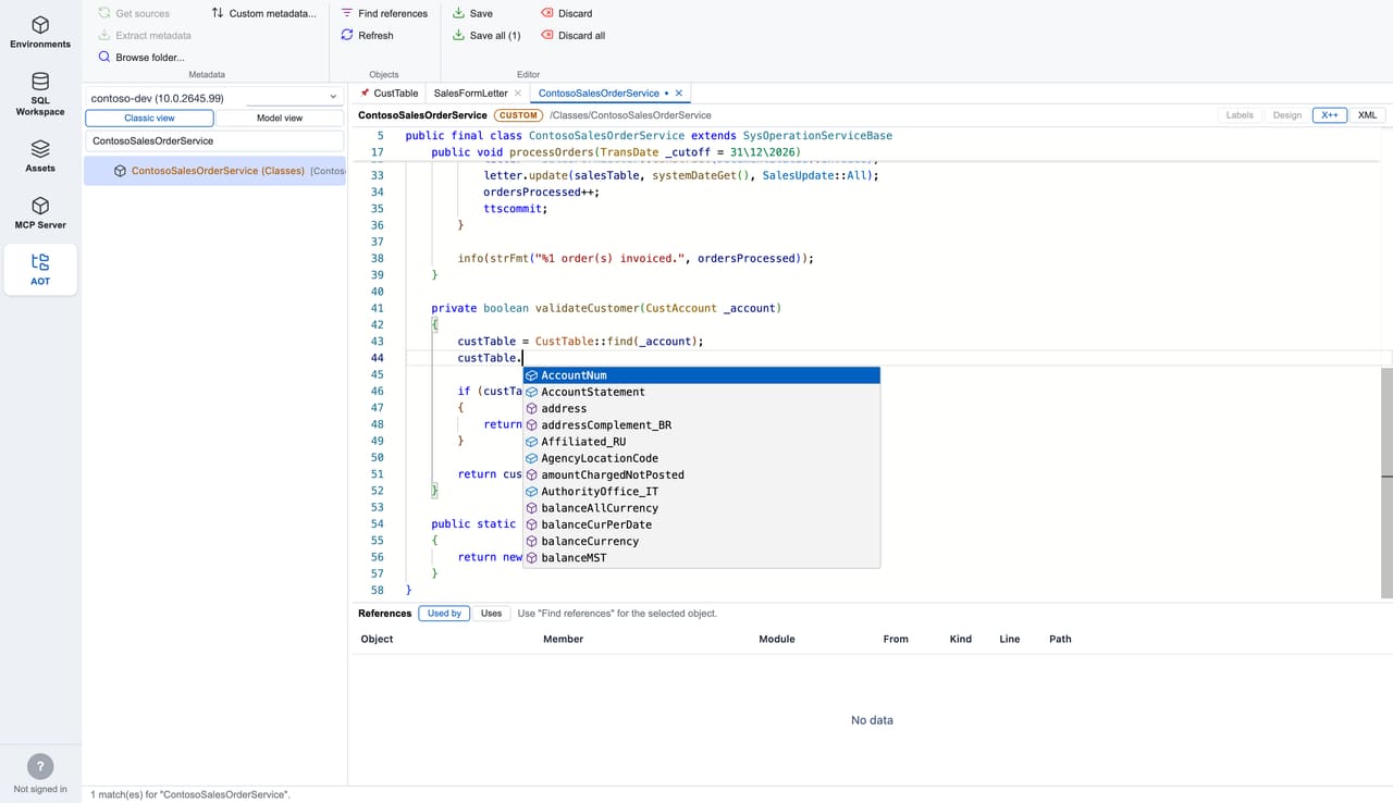 The X++ editor with an IntelliSense completion popup listing CustTable fields and methods (Contoso demo data).