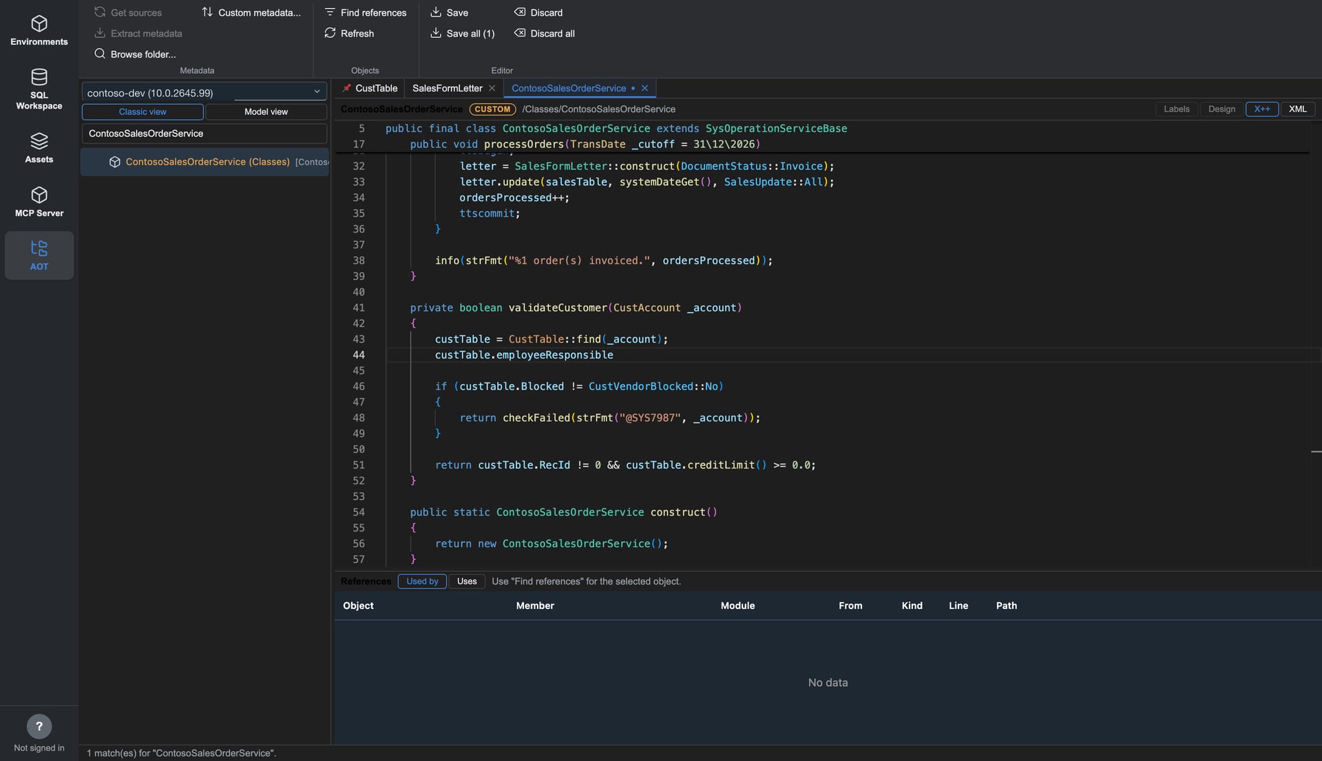 FinOps Workbench X++ editor tab strip with a pinned tab and an unsaved-changes indicator, and Save / Save all in the ribbon, dark theme (Contoso demo data).