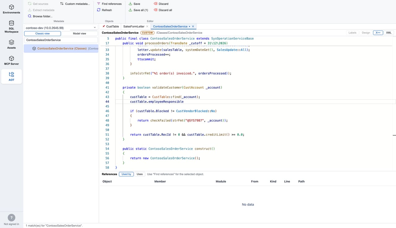 The X++ editor tab strip with a pinned tab and an unsaved-changes indicator, and Save / Save all in the ribbon (Contoso demo data).