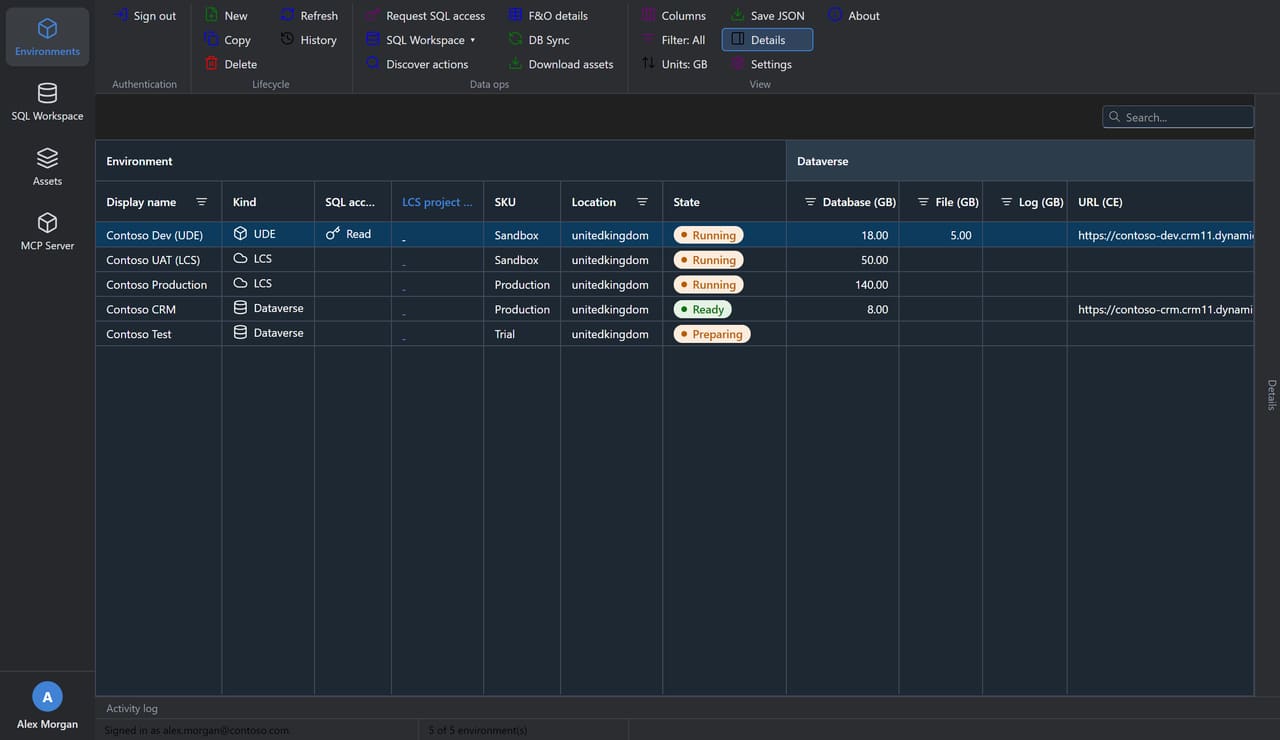 The Environments page rendered in dark mode, following the operating system theme.