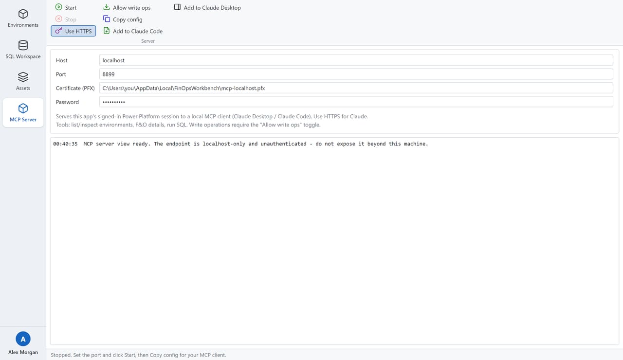 The MCP Server page with Start/Stop, Use HTTPS, Allow write ops, Copy config, and Add to Claude Code / Claude Desktop buttons.