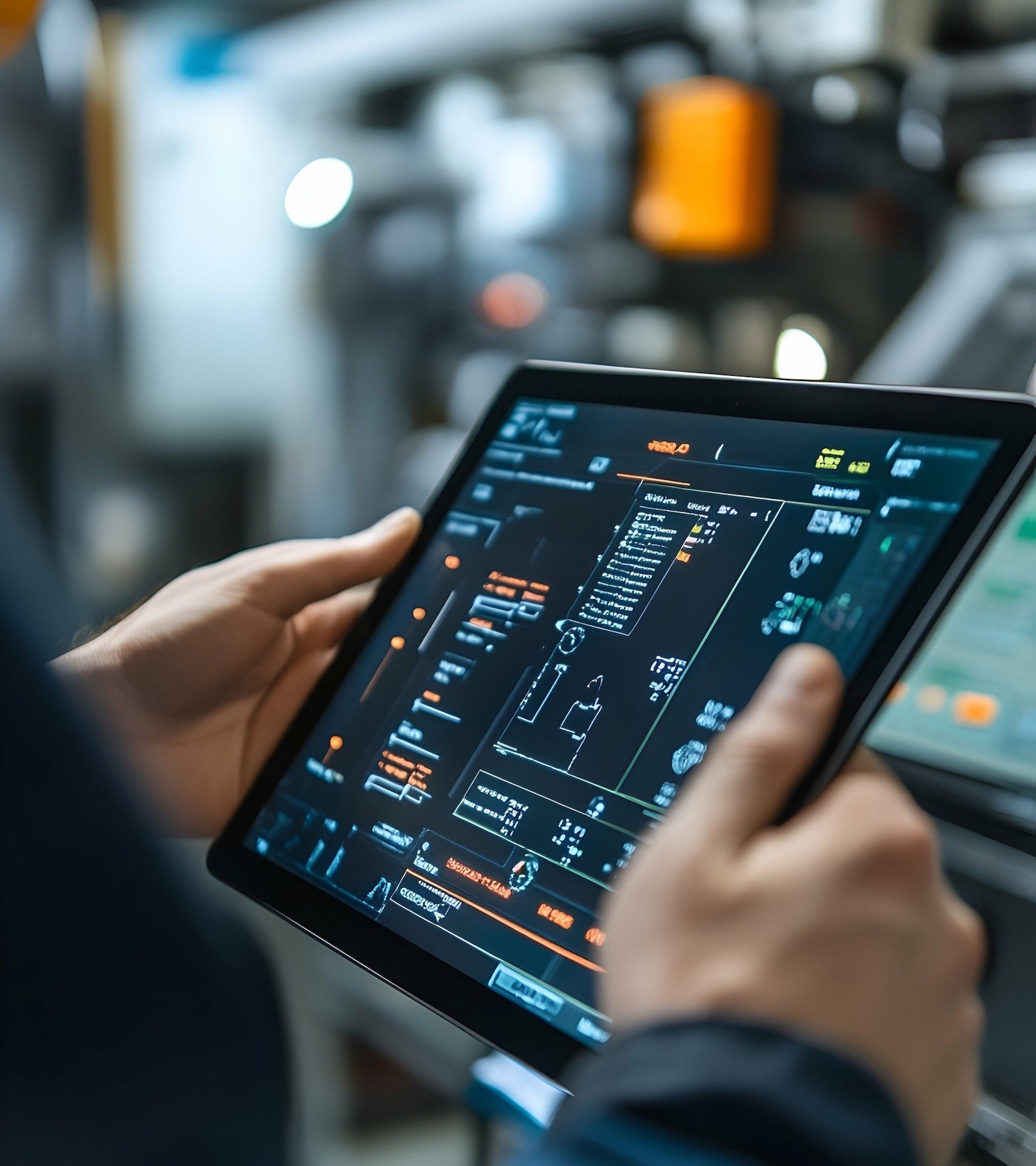 Worker using a tablet to monitor production quality from a contr